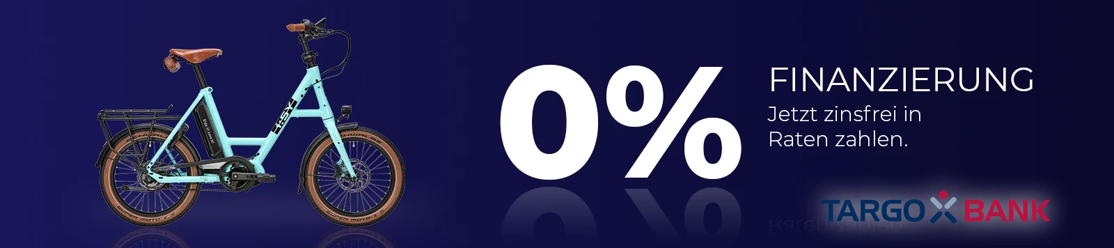 targobank-werbung mit 0 % finanzierung für türkisfarbenes kompaktes e-bike