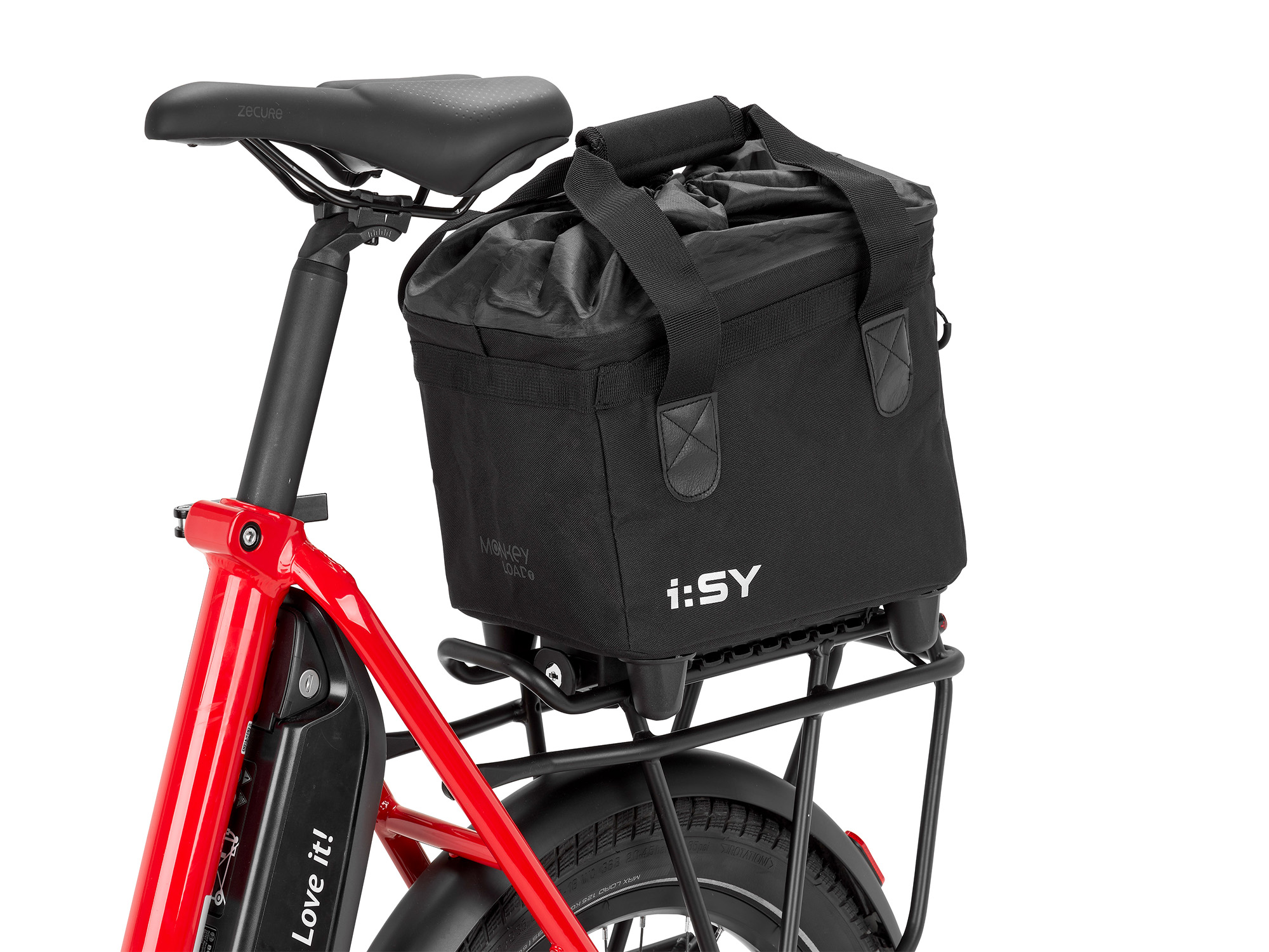 i:SY Gepäckträgertasche – montiert auf dem Heckträger eines roten i:SY E-Bikes