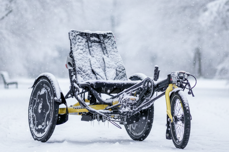 Hase Bikes Liegerad steht im Schnee verschneit